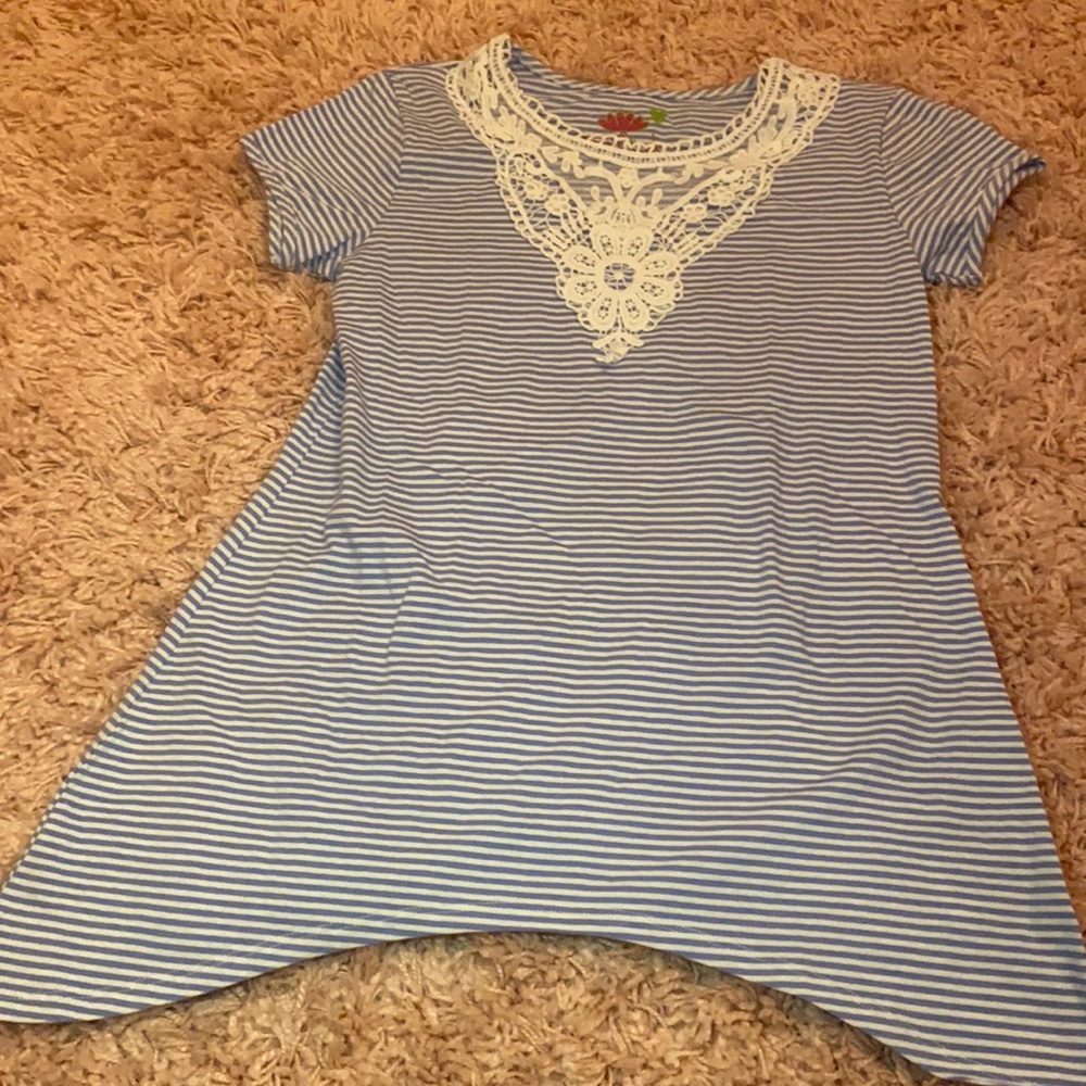 Blue and white striped shirt with white embroidery